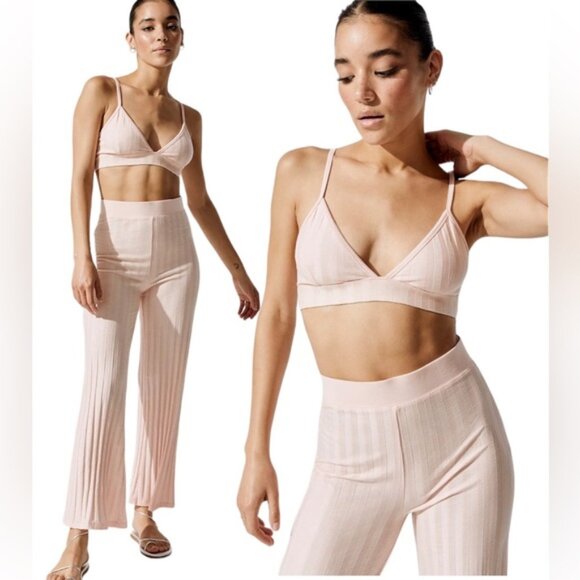 Jonathan Simkhai 2 Piece SET Ribbed.Bralette and Wide Leg pant in Rosebud Size S - Picture 1 of 7